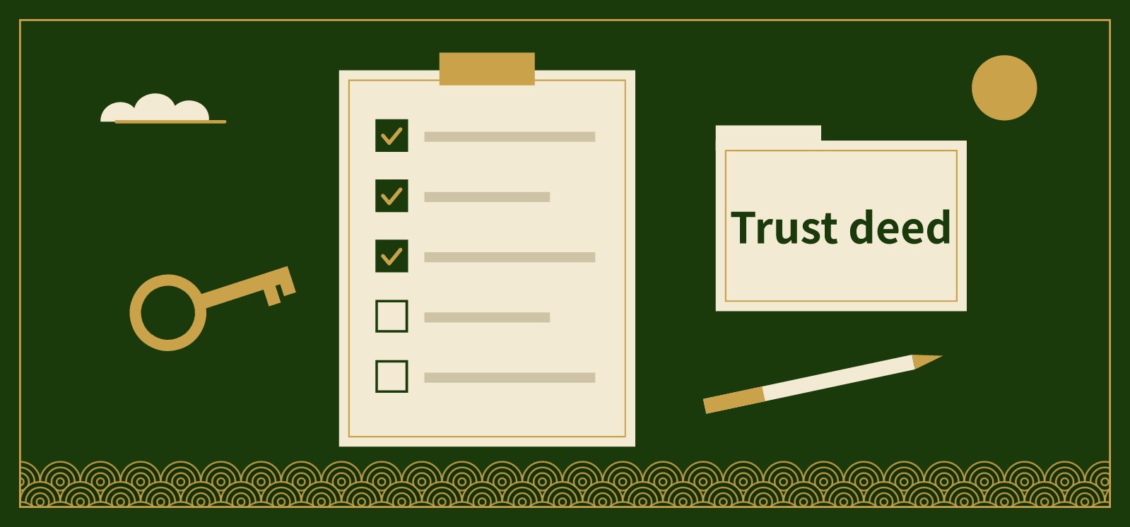 A checklist, a key and a folder labelled Trust deed