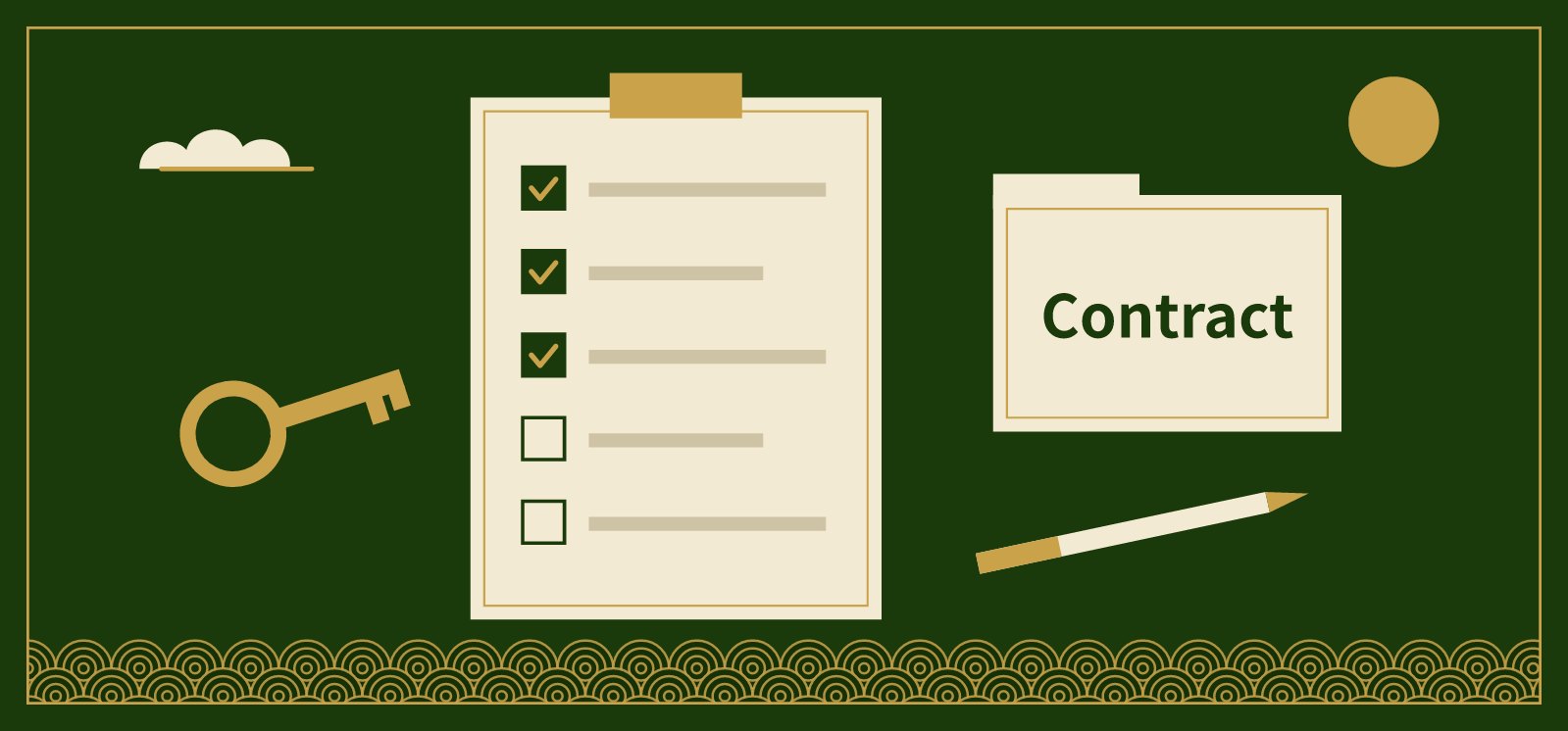A clipboard checklist with a fountain pen, house keys and a contract folder